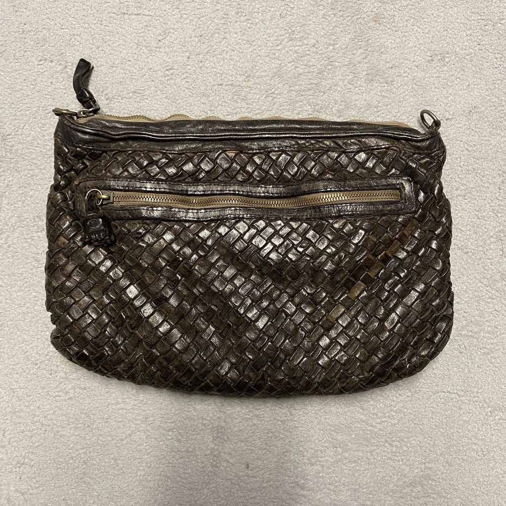 Johnny Was Leather Purse Bag Brown Crossbody Woven Hobo Italy Boho No Strap